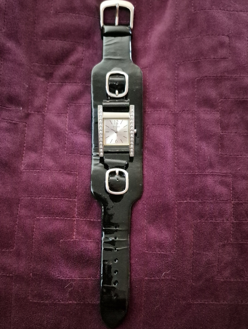 Guess Black Patent Leather Cuff Watch with Rhinestone Accents NEW BATTERY